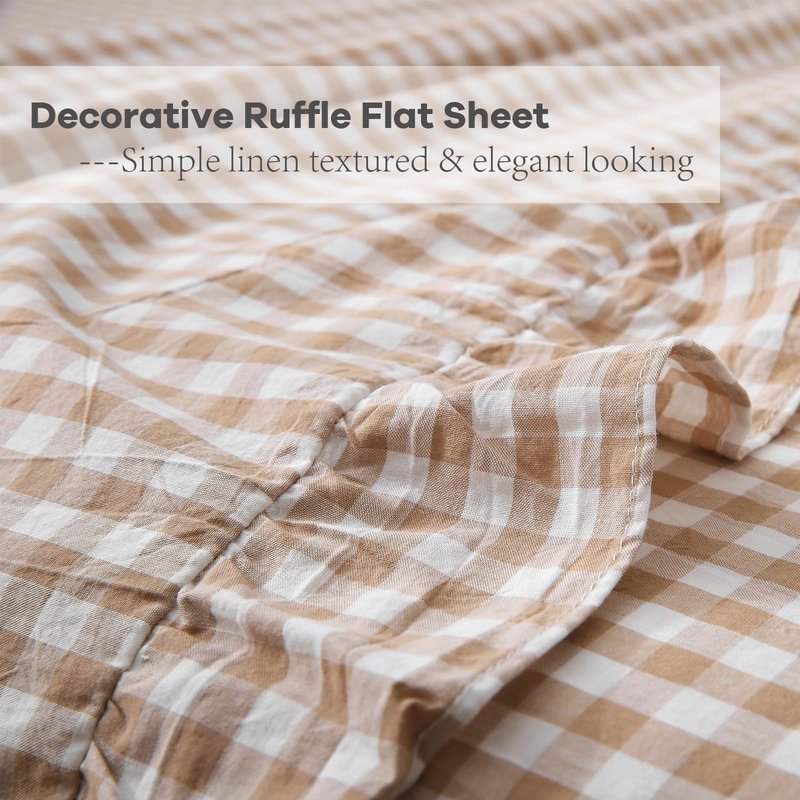 K MASANIJI Taupe White Plaid Ruffle Sheets Queen Size 4-Piece Set, 300TC 100% Yarn Dyed Washed Cotton Checker Sheets 18'' Deep Pocket Farmhouse Gingham Decorative Bedding（Taupe/White Plaid, Queen）