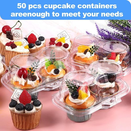 Vyndicca 50Pcs Cupcake Containers Disposable,2 Cavity Cupcake Boxes,Clear Cupcake Holder,Stackable Deep Dome Cupcake Carrier with Lid for Cupcakes Muffins Pies,BPA-Free