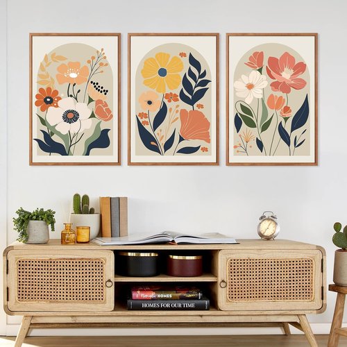 KAIRNE Boho Canvas Wall Art - Abstract Floral Prints Set of 3 (16”X24”) | Modern Minimalist Decor for Living Room & Bedroom