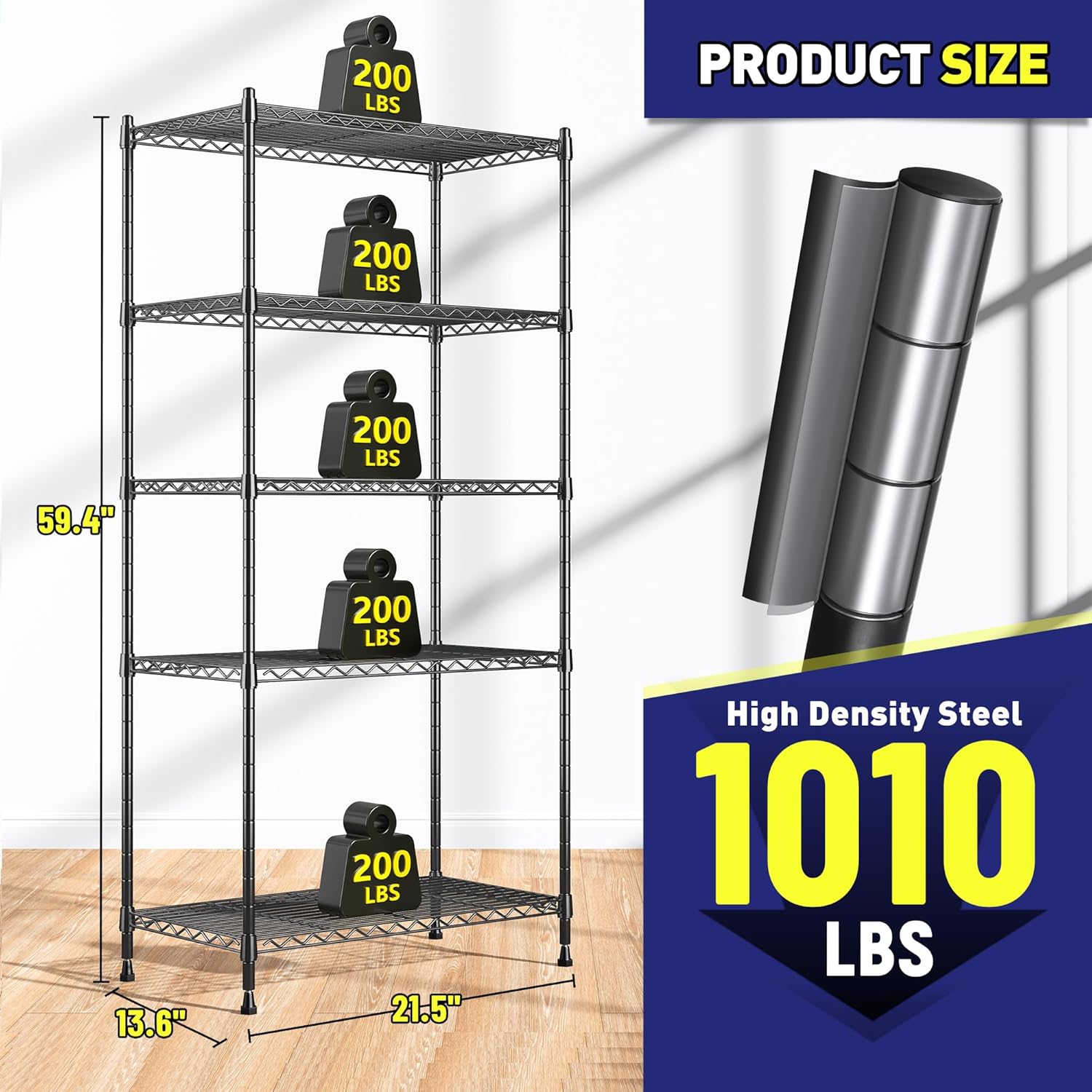 Romorgniz 5-Tier Adjustable Metal Shelving Unit - 1010LBS Capacity for Kitchen, Pantry, and Laundry | 59.4" H x 21.5" W x 13.6" D