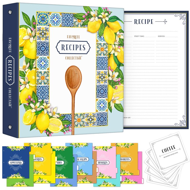 KA NUI Recipe Binder & Family Cookbook | Amalfi Lemon Recipe Organizer with Plastic Sleeves Cards & Dividers | Keepsake Gift for Mom & Grandma to Preserve Family Recipes