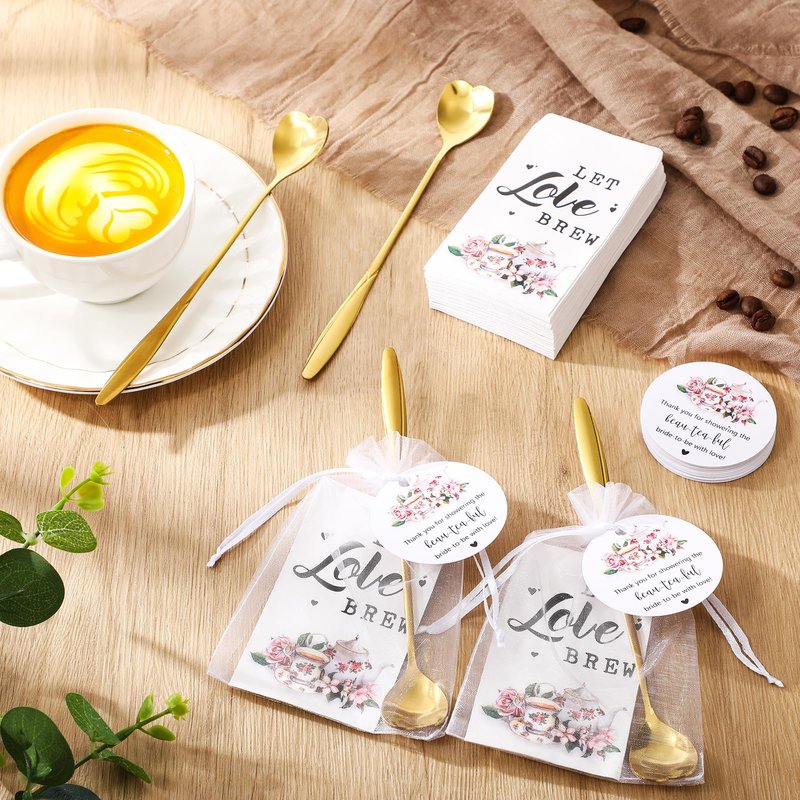 Skybooly 50 Sets Bridal Shower Tea Party Favors for Guests Heart Spoon Kraft Paper Envelopes for Tea with Thank You Cards and Organza Bags Wedding Souvenir Gifts