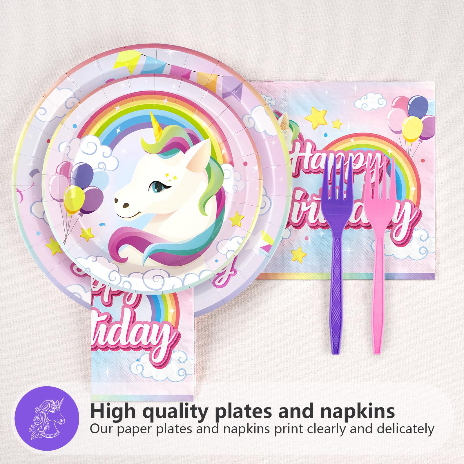 Grencian 96Pcs Unicorn 5th Birthday Party Decorations for Girls Rainbow Unicorn Plates and Napkins Disposable Paper Tableware Set for Kids Girls 5 Year Old Birthday Party Supplies, Serves 24