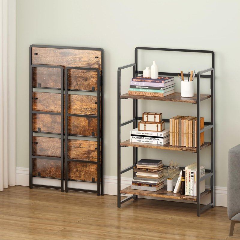 4NM 2 Tiers No-Assembly Folding Bookshelf with Wheels, Portable Rolling Storage Foldable Bookcase & Compact Side Table for Living Room, Bedroom, Kitchen, Bathroom (All White)