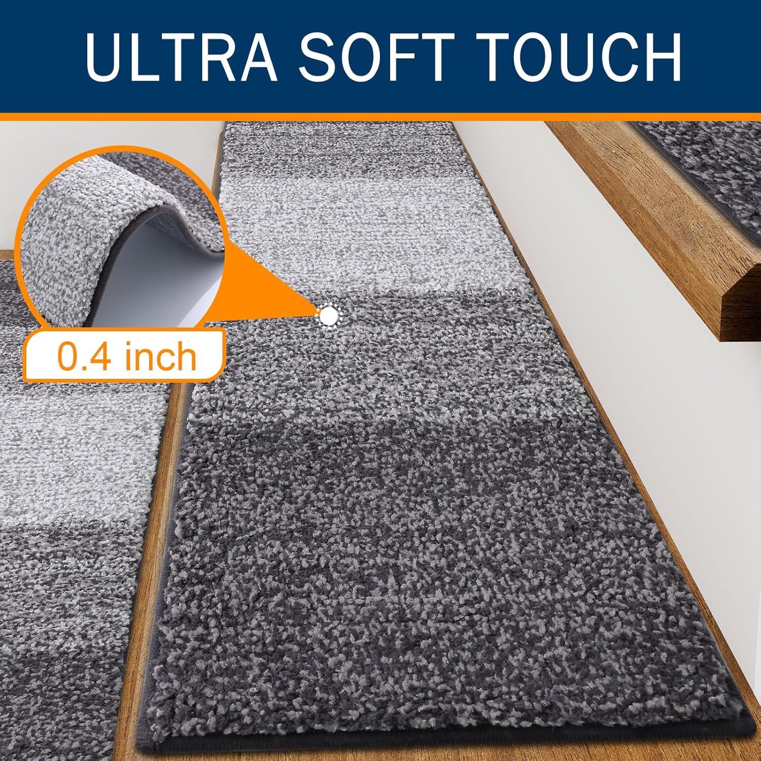 OLANLY Non-Slip Stair Treads - 15PCS Indoor Stair Runners for Wooden Steps | 8" x 30" Grey Edging Rugs