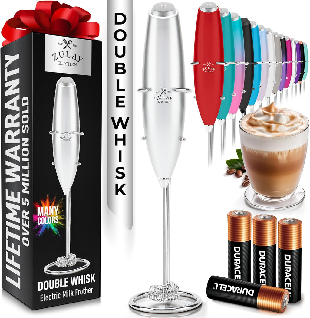 Zulay Kitchen Whisk Milk Frother - Powerful Handheld Foam Maker for Coffee, Lattes & More | Includes 4 Duracell Batteries