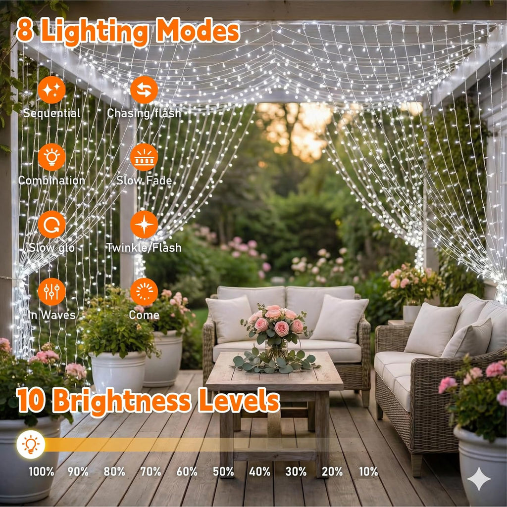 Skiennix 200LED Curtain Light - 6.6x6.6ft White Fairy String Lights with 8 Modes Remote for Indoor Decor