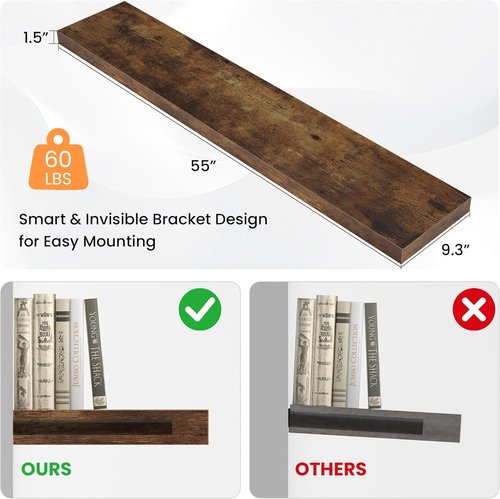 FLYJOE Floating Wall Shelf - 55"W Wooden Display Shelf with Invisible Brackets | Rustic Brown, Ideal for Home Decor