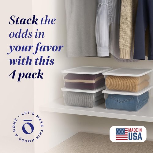 HOMZ 4-Pack Snaplock Storage Organizer Bins - Clear Plastic Containers with Lids, 12 Quart, White | Stackable for Home & Office