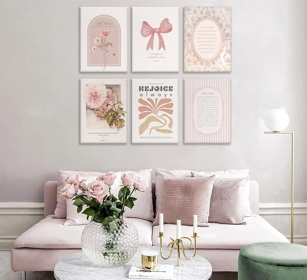 Skiennix 6Pcs Pink Christian Wall Art - Boho Floral Bible Verses Canvas Decor for Bedroom & Dorm