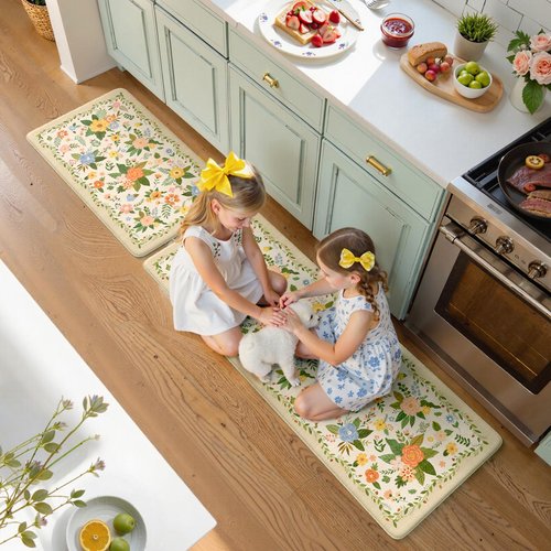 KIMODE Kitchen Mats for Floor Anti Fatigue, Beige Boho Kitchen Rugs Non Slip, Padded Kitchen Floor Mats, Memory Foam Kitchen Mats Cushioned, Standing Desk Mat for Laundry Office Sink 17"x47"+17"x29"