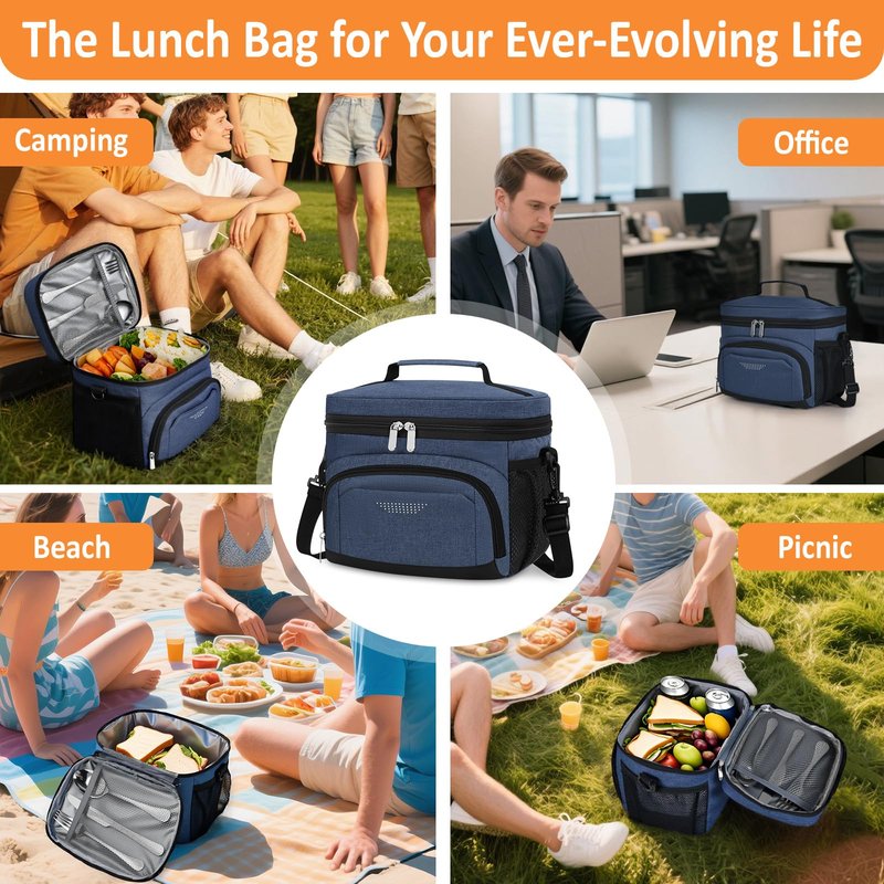 Vankor Lunch Box for Men Women, Large Double Layer Insulated Lunch Bag Tote Expandable Leakproof Waterproof Cooler Bag with Adjustable Shoulder Strap for Work Office Picnic Travel, Blue