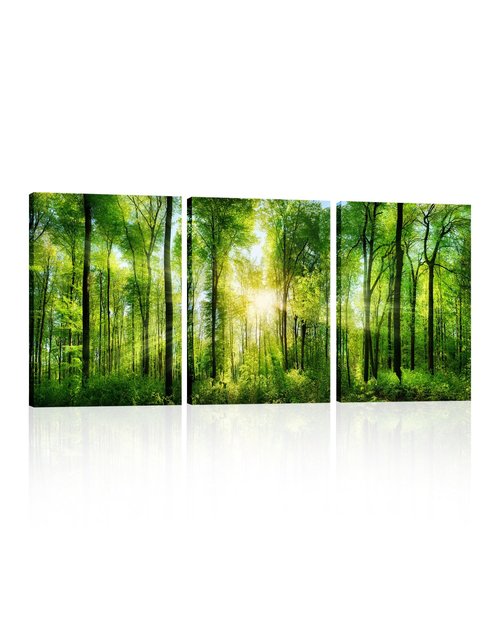 HLJ ART Forest Wall Art: 3 Panel Green Tree Pictures Canvas Wall Art, 20x30 Inch, Sunrise Prints Scenery Wall Art Hanging Wall Mural Nature Art Wall Decor for Bedroom, Living Room, Office