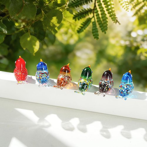 HDCRYSTALGIFTS Miniature Glass Bird Figurines - 6pcs Hand Blown Decorative Statues | Unique Home Decor Gifts for Mom