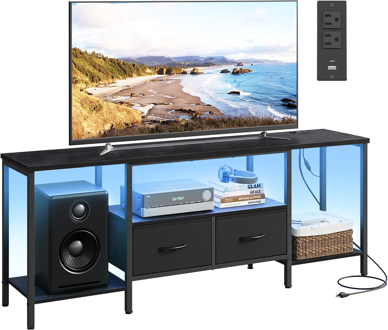 SONGMICS TV Stand - Modern Entertainment Center with Power Outlets & Lights for TVs Up to 70 Inches - Ink Black