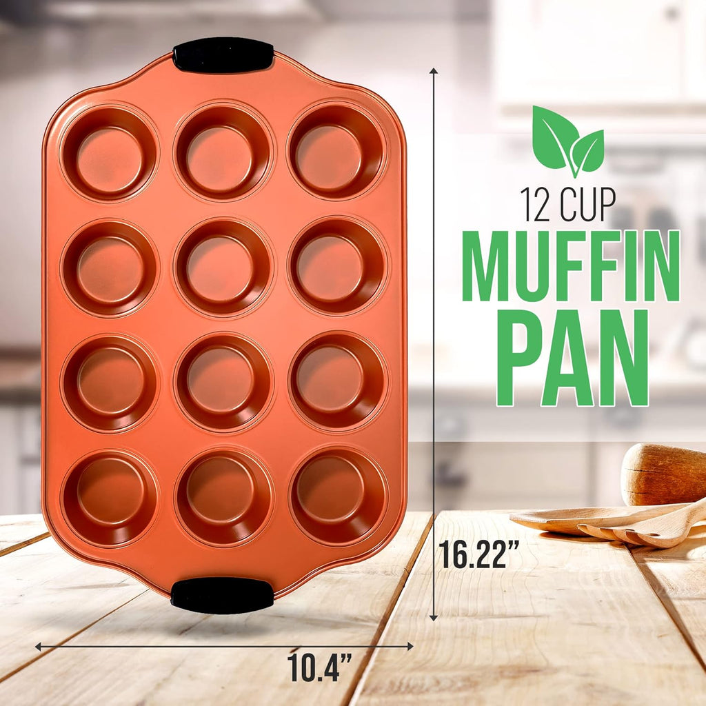 Nutrichef 12-Cup Muffin Pan - Durable Nonstick Carbon Steel Bakeware with Silicone Handles | Easy Clean, Stain Resistant, 16.22'' x 10.43''