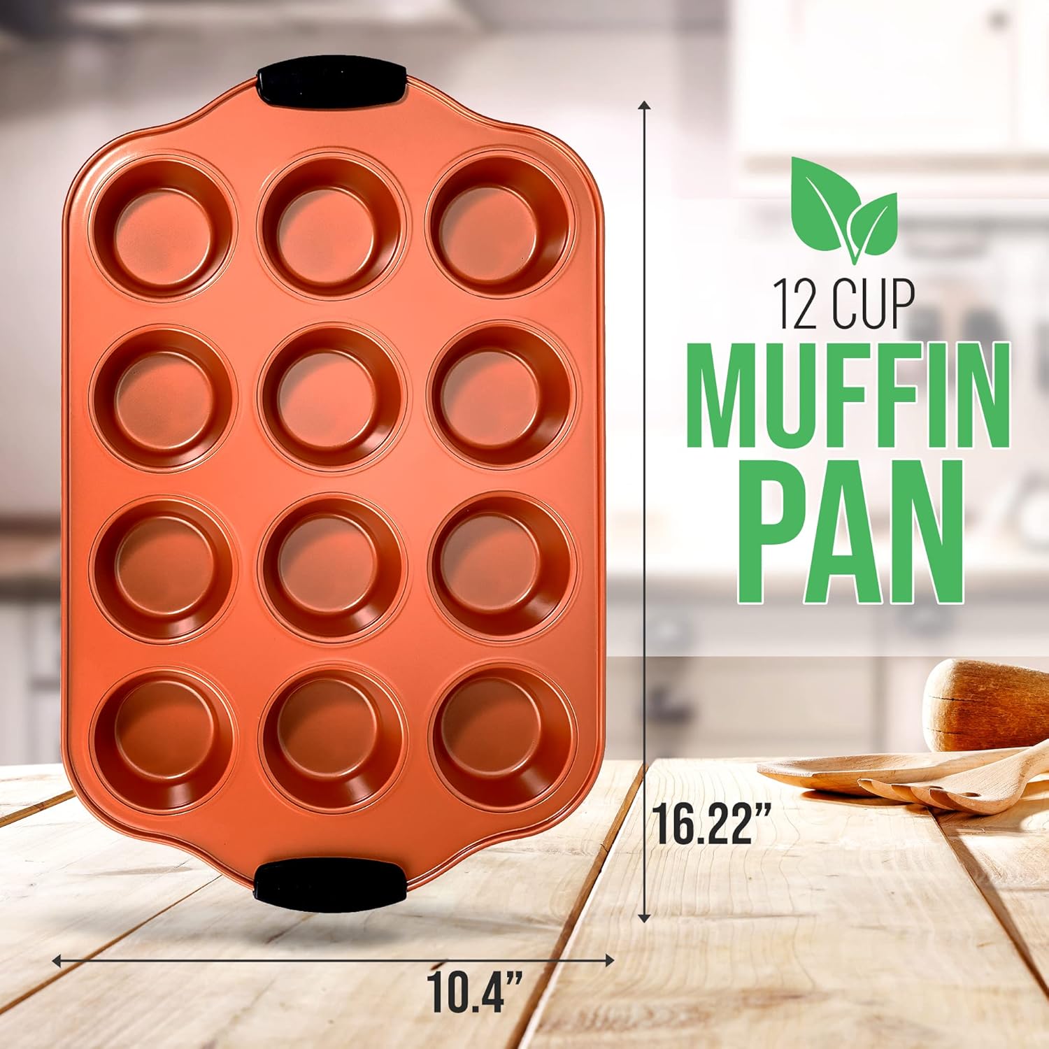 Nutrichef 12-Cup Muffin Pan - Durable Nonstick Carbon Steel Bakeware with Silicone Handles | Easy Clean, Stain Resistant, 16.22'' x 10.43''