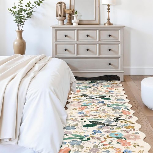 Hallway Floral Runner Rug by [Brand Name] - Washable, Non-Slip, Stain-Resistant Carpet | 2'6" x 14", Cream