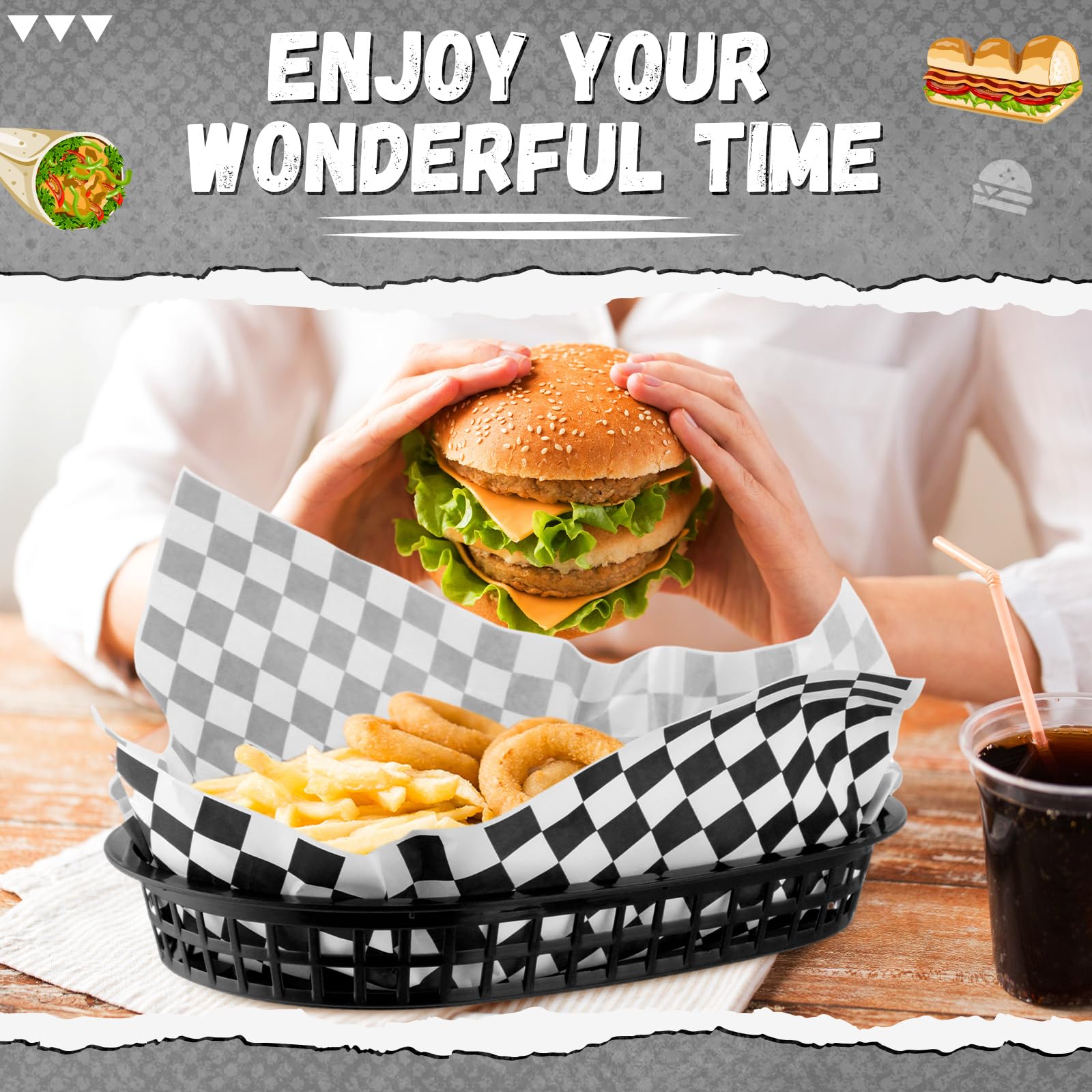 Uiifan 24 Pcs Fast Food Baskets with 100 Deli Liners Halloween Deli Food Baskets 10.5 x 7 Inch Serving Burger Chip Trays for Halloween Hot Dog Hamburger Bread Picnic(Black)