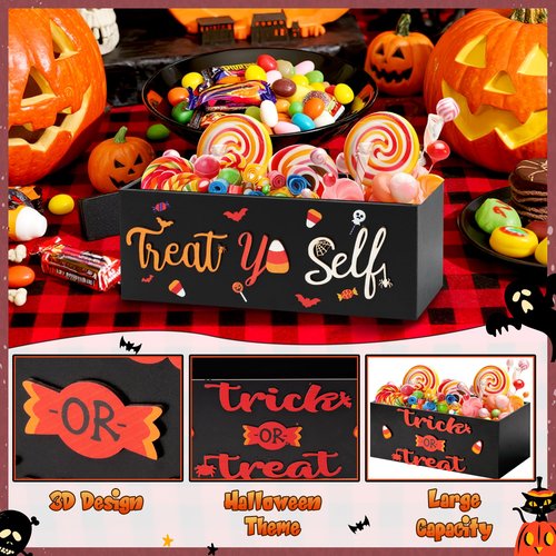 CJiangpo 3Pcs Halloween Candy Bowl - 3D Wooden Funny Trick or Treat Candy Dish Holder, Large Snack Dish Holders Serving Bowl Farmhouse Tiered Tray Decor Table Ornament Halloween Holiday Party Supplies