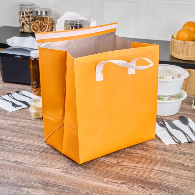 Restaurantware Insulated Delivery Bags 25 Count 11.811 x 7.874 x 12.598 Inches Nonwoven Take Out Bags For Food With Sturdy Handles, Orange Insulated Grocery Bags Tamper-Evident Foldable