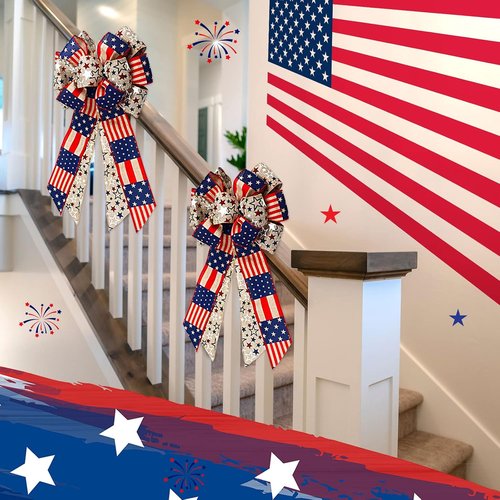 Jutom Patriotic Bow Wreath - Red, White & Blue Star Burlap Bow for 4th of July & Veterans Day Decor