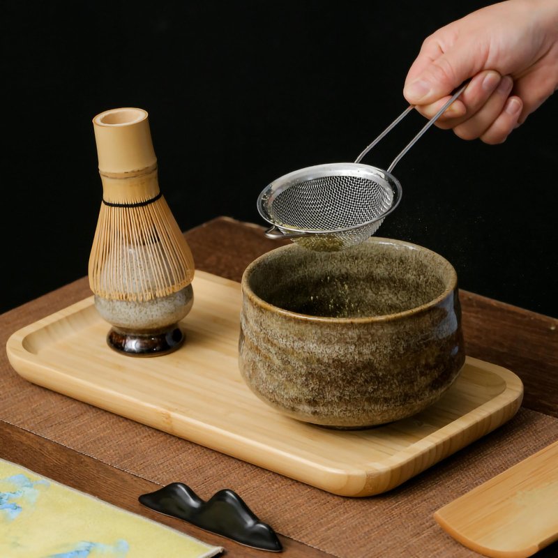 AIYICIII Japanese Matcha Tea Set (7pcs) - Matcha Whisk and Bowl, Whisk Stand (Chasen Holder), Scoop, Starter Making Kit for Matcha Tea Ceremony (Kiln Glaze-White)
