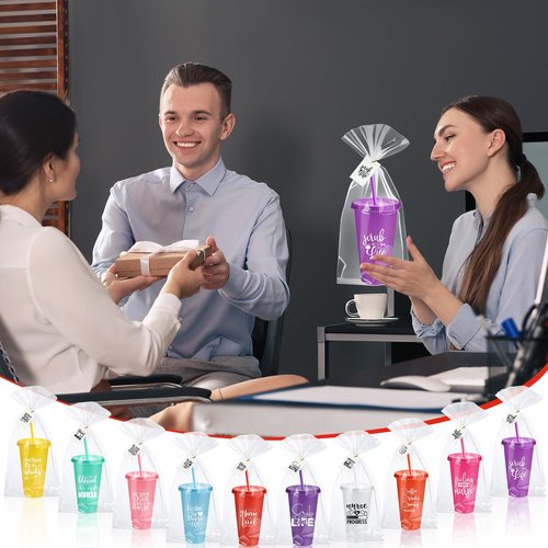 Funnymoom 30 Sets Nurse Appreciation Gifts Bulk, 24 oz Tumblers with Lids and Straws, Thank You Plastic Cups with Cards and Bags for Nurse Staff Holiday Party Favors(Elegant,Bright Colors)