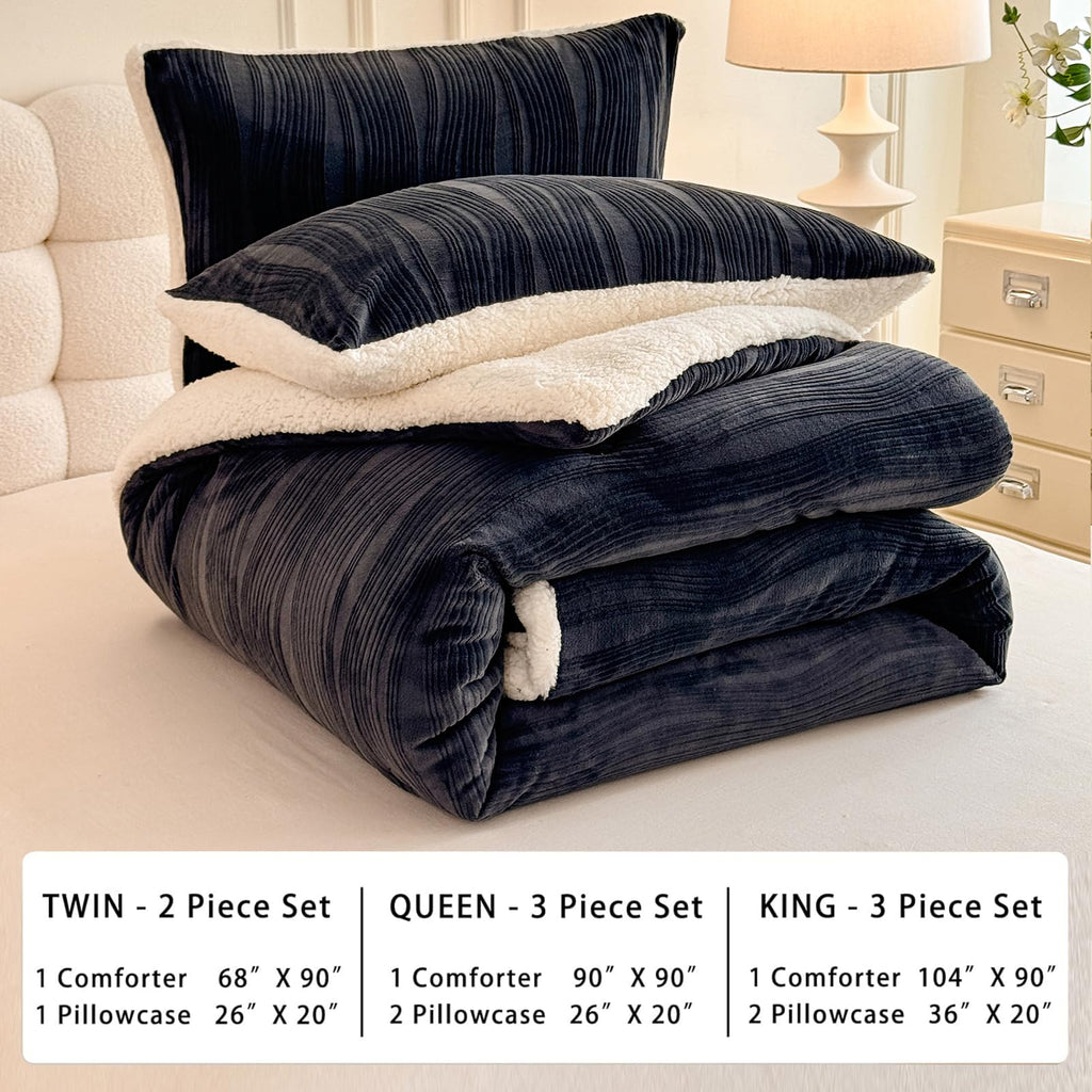 tohrisa 3D Striped Jacquard Sherpa Comforter Set Twin Size, Boho Geometric Pattern Quilt Bedding 2 Pieces Warm Cozy Fuzzy Comforter with 2 Pillowcases(68"X90" Dark Grey)