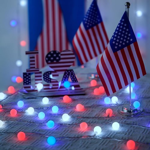 JMEXSUSS 100 LED Connectable Red, White, and Blue String Lights - 33ft Indoor/Outdoor Globe Lights with Remote for 4th of July Decor