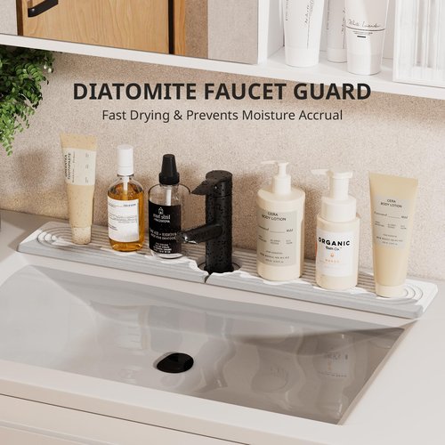 Slow Slog Quick Dry Sink Splash Guard - Extended 23.6" Instant Dry Stone Sink Tray for Kitchen and Bathroom Faucets - Durable Diatomaceous Earth Faucet Mat for Countertops, White