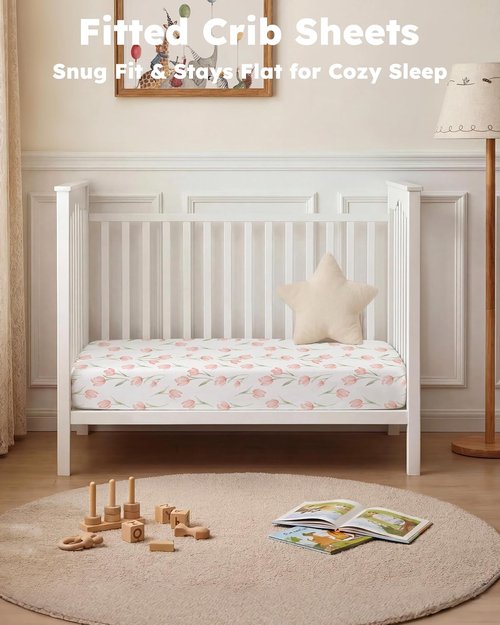 Baby Crib Sheets - Soft Breathable Microfiber Fitted Sheets for Standard Crib | 2-Pack Pink Tulips, 52" x 28"