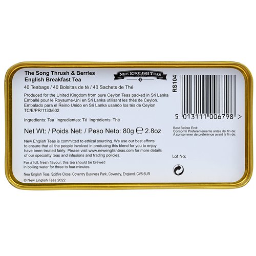 New English Teas Song Thrush and Berries Tea Tin in Pink with 40 English Breakfast Teabags