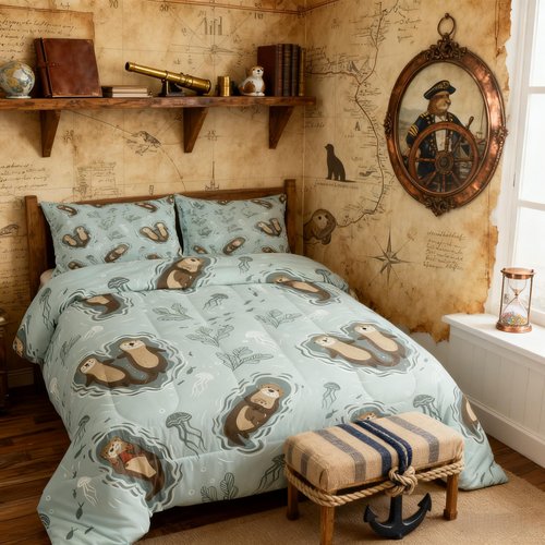 Manfei Cartoon Otters Boys Comforter Set Twin Size,Seaweed Jellyfish Sea Animals Bedding Set 2pcs for Kids Teens Home Room Decor,Ocean Lake Girly Quilt Set,Kawaii Teal Duvet Insert,1 Pillowcase