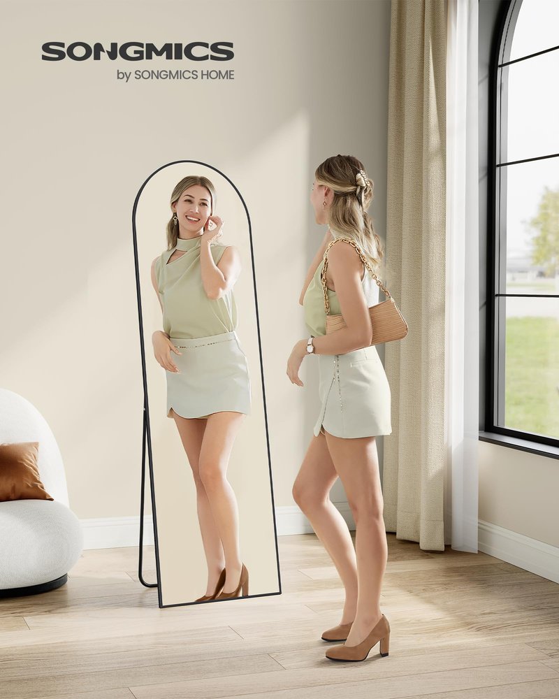 SONGMICS Full Length Mirror, 63 x 20 Inches, Arched Full Body Floor Mirror with Stand, Aluminum Alloy Frame, Tempered Glass, for Bedroom, Living Room, Cloakroom, Ink Black ULFM031B01