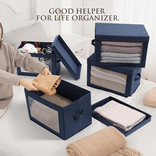 Homsorout Foldable Storage Boxes - Decorative Fabric Baskets with Clear Window, Navy Blue, 4-Pack for Organizing