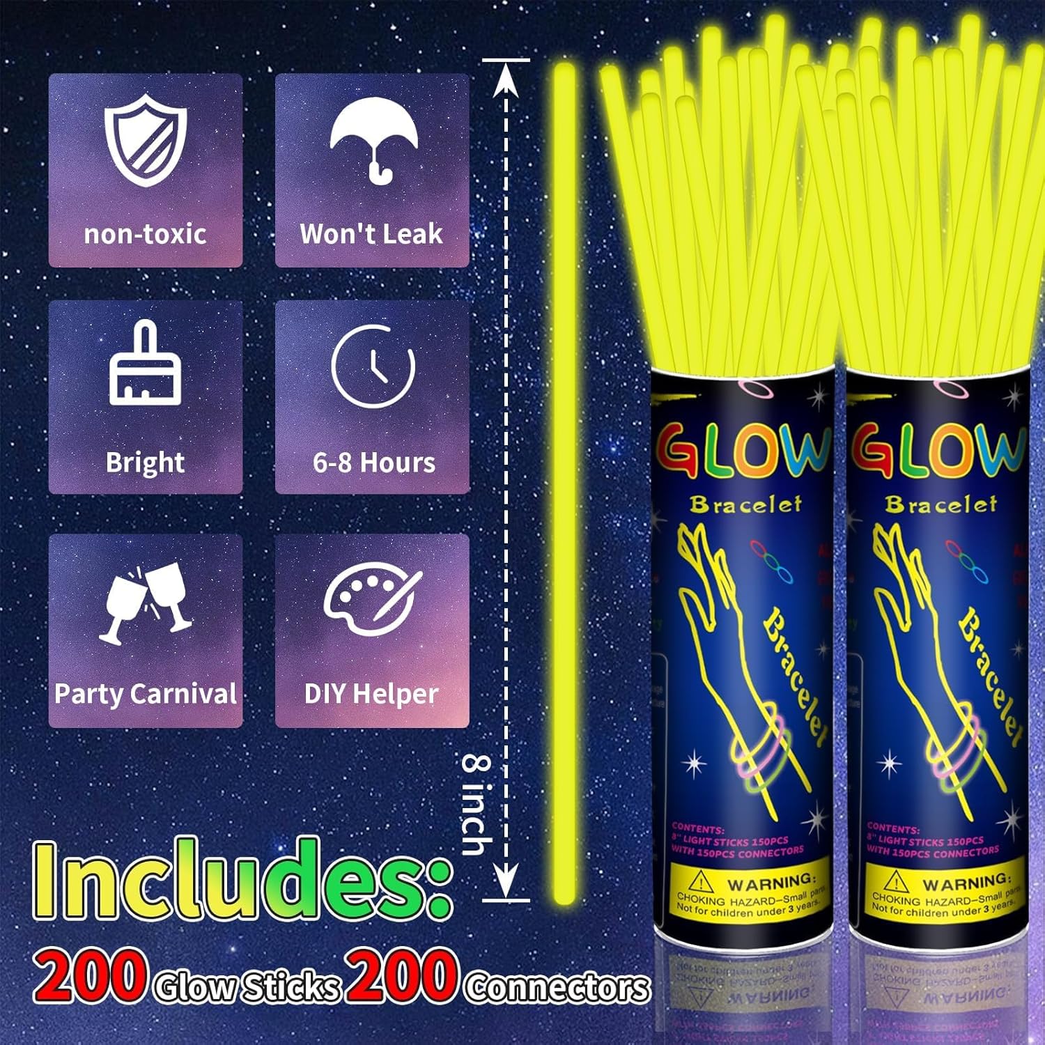 Skiennix 200-Pack 8'' Glow Sticks - Neon Yellow Light-Up Party Favors with Connectors for Birthdays & Holidays