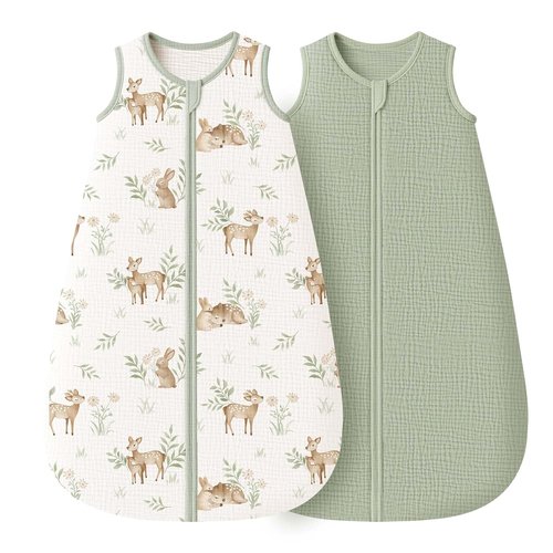 Konssy Muslin Baby Sleep Sack - 100% Cotton Wearable Blanket for Infants | 6-12 Months, 0.8 TOG, 2-Pack (Woodland, Sage)