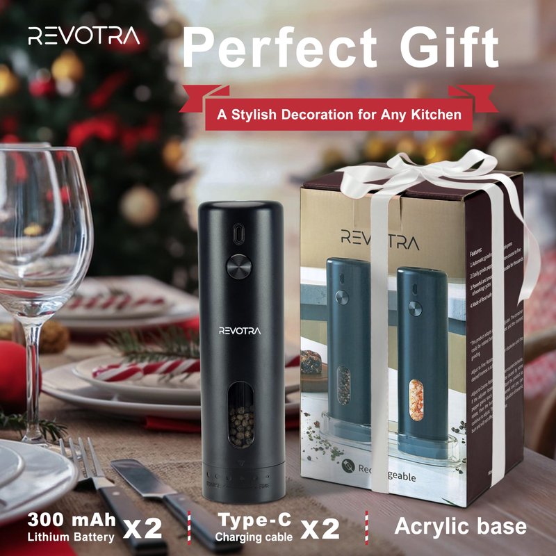 Electric Salt and Pepper Grinder Set, Rechargeable Automatic Salt and Pepper Shakers with 6 Adjustable Coarseness, Christmas Gift, Larger Capacity, LED Light, One-Handed Operation, 2 Packs