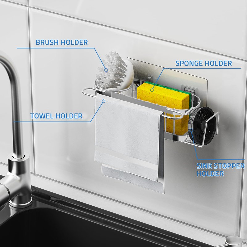 Cisily Kitchen Sink Caddy Sponge Holder in The Sink, Stainless Steel Kitchen Sink Organizer, Brush Holder, Dish Cloth Hanger, Sink Stopper Holder (Suction cup-Silver)