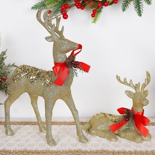 Juegoal Glitter Golden Reindeer Figurines - Set of 2 Christmas Tabletop Decorations | 12.6" Xmas Ornaments