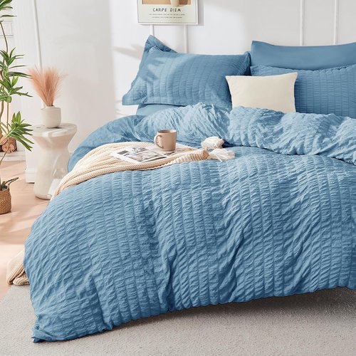 HYMOKEGE Twin XL Comforter Set - 5-Piece Seersucker Bedding Set for All-Season Luxury | Blue