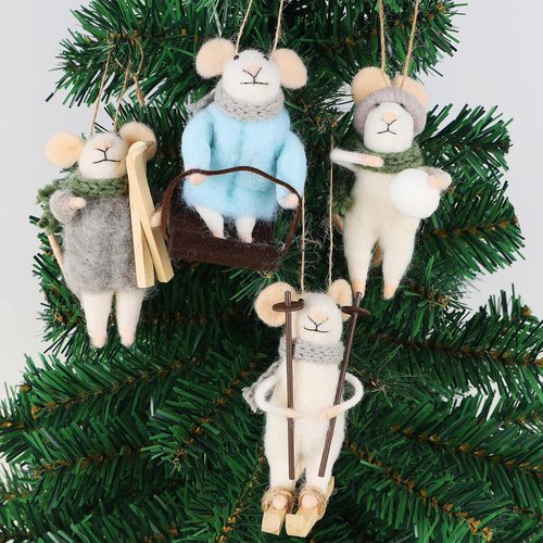 Juegoal Felt Skiing Mice Ornaments - Set of 4 Cute Wool White Mouse Decorations for Christmas Tree & Wreath