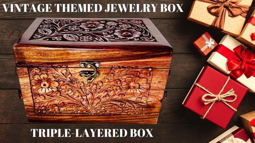 Valentine's Gifts - Handcrafted Jewelry Box with Floral Carvings, 3-Compartment Jewelry Organizer for Earrings, Rings, Necklaces (Large Size 8''x5''x5'')