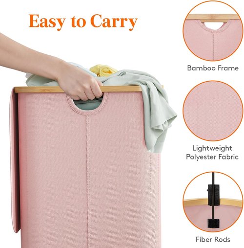 Lifewit 150L Laundry Basket - Foldable Hamper with Lid & Bamboo Handles | Pink, Large Capacity