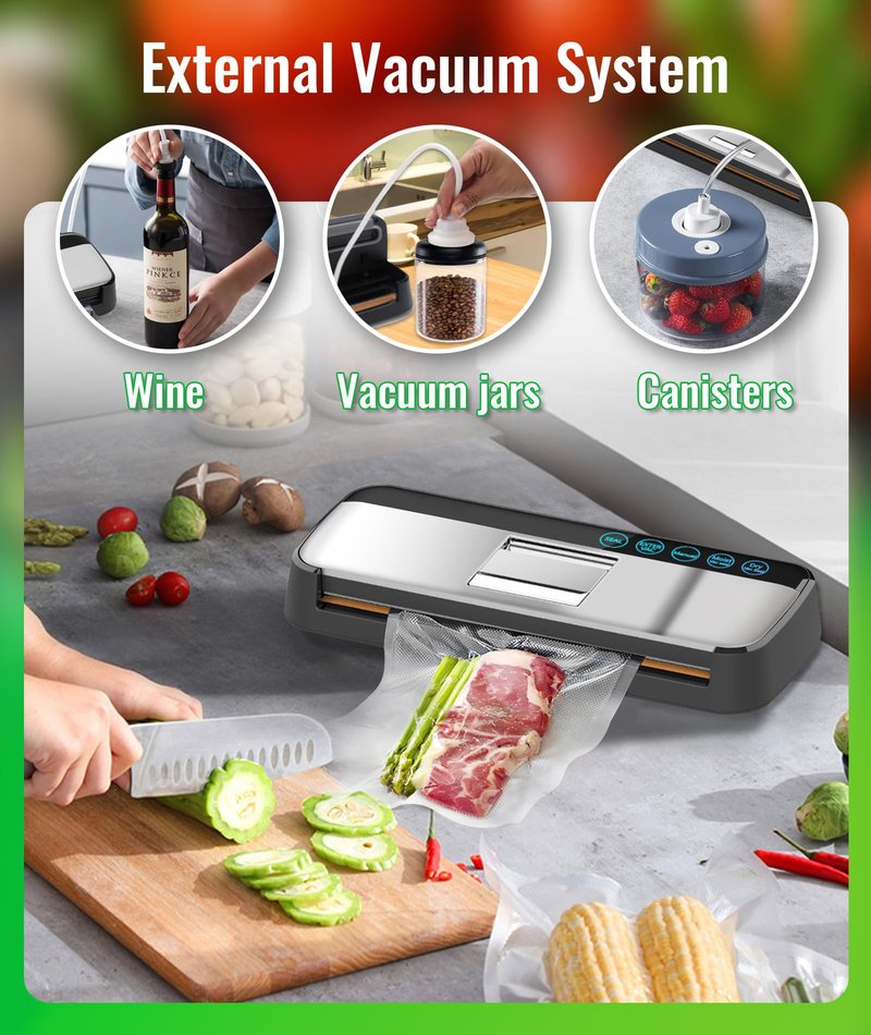 VALUEAGLE One-touch full automatic vacuum sealer machine,food saver vacuum sealer machine with double motors, 7mm heating wire, Touch screen & Moist/Dry modes,15 seal bags and 1 air suction hose