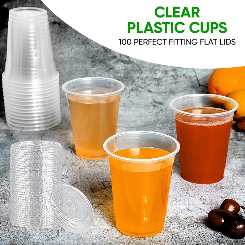 Green Direct Plastic Ultra Clear Cups With Flat Lids for Iced Coffee Bubble Boba Tea Smoothie (100, 10 Ounce)