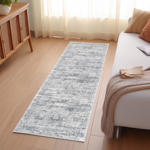 Restydon Kitchen Runner Rugs Non Skid Washable - 2.5 x 10 Runner Rug with Anti Slip Backing, Ultra-Thin Soft Rug Runner for Hallway, Bedroom, Living Room (2'x10', Grey/Ivory)