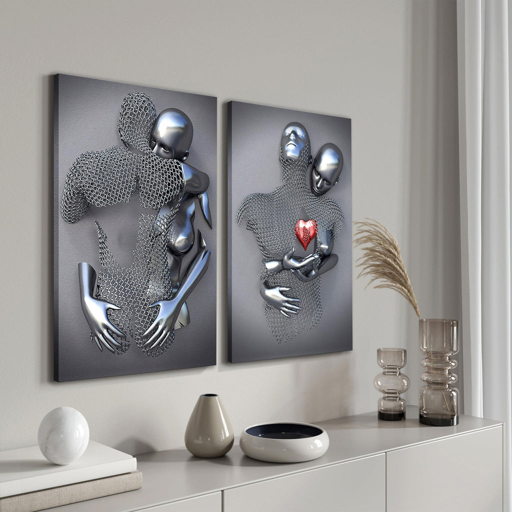 Framed Wall Art for Bedroom 3D Metal Effect Love Heart Couple Wall Art Decor for Living Room 3 Pieces Modern Abstract Grey Black and White Canvas Prints Poster Pictures Paintings for Wall Decorations