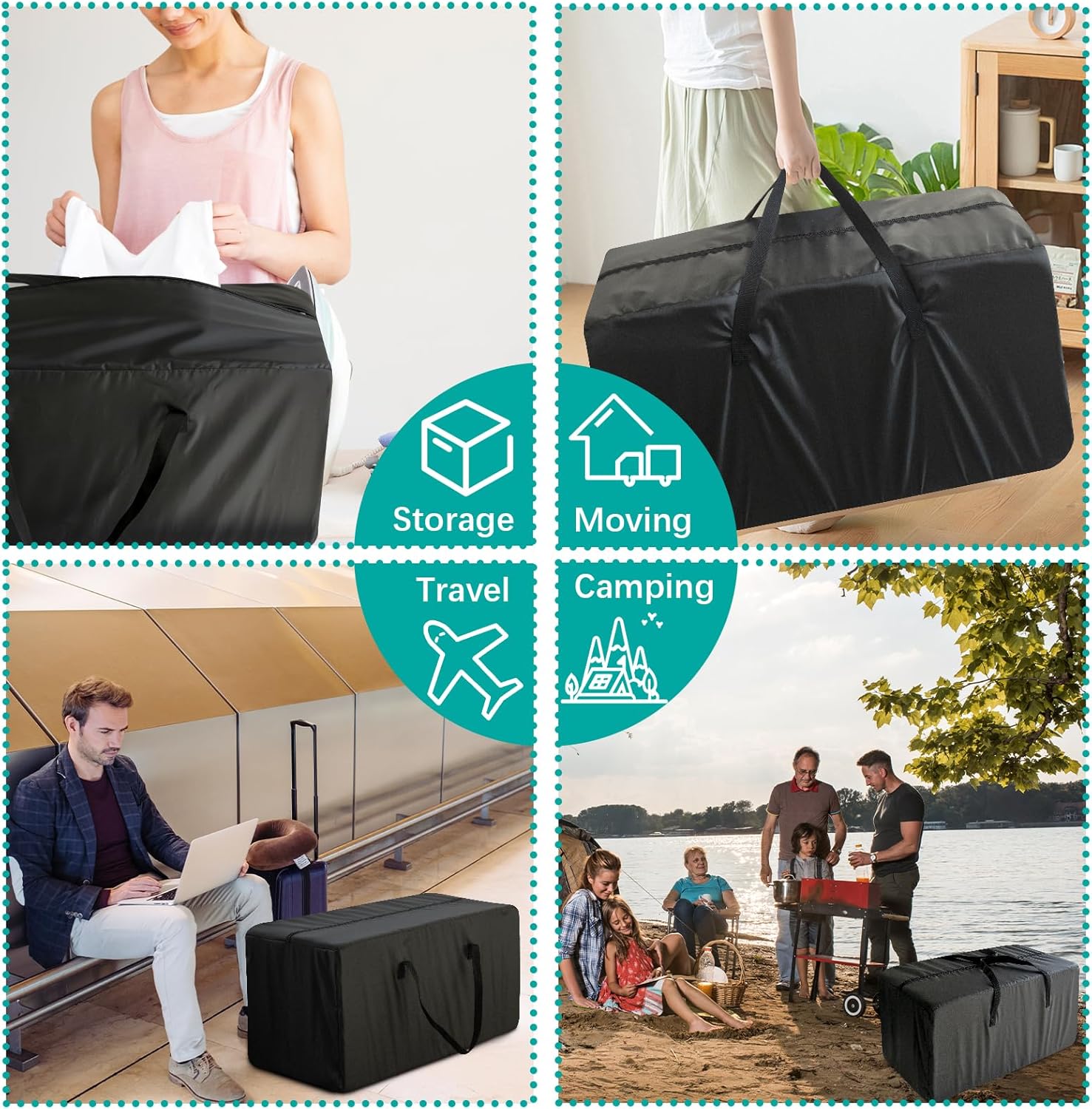 Skiennix Heavy Duty Moving Bags - Reinforced Zipper & Handles | Durable Storage Totes - 6 Pack, Black